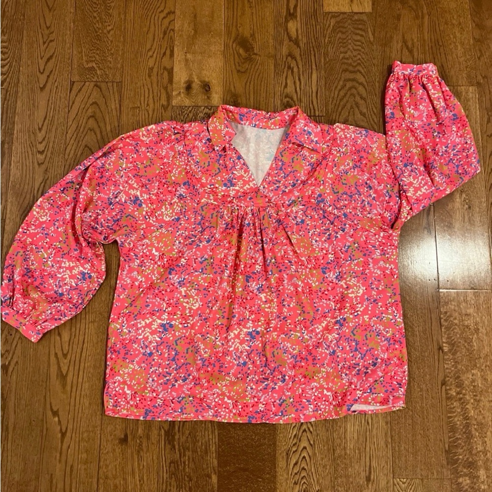 Boutique Pink Confetti Print Blouse Colorful Fun Feminine Top